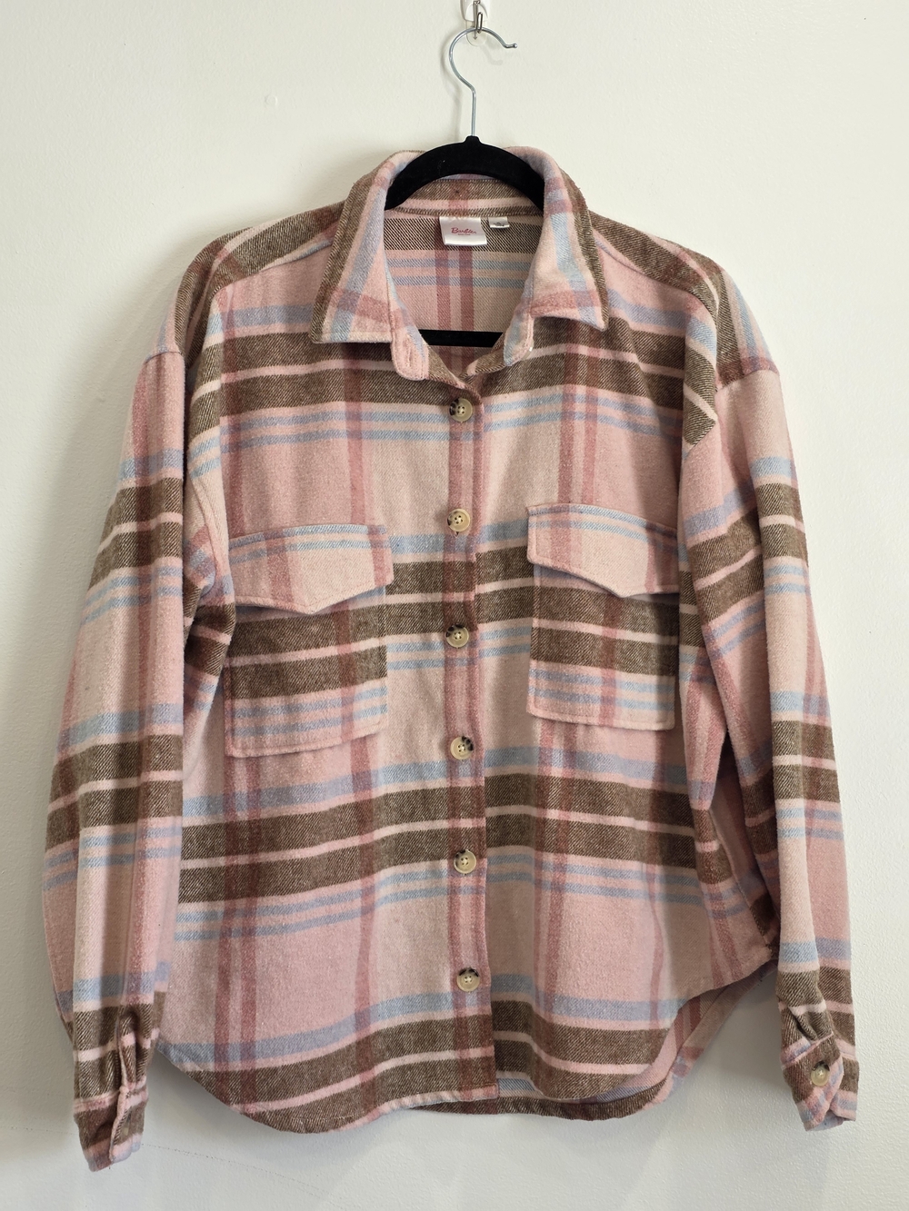 Barbie Pink,Brown & Blue Plaid Button-Up Shacket